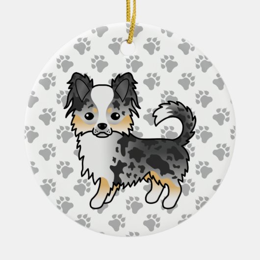 Blue Merle Long Coat Chihuahua Cartoon Dog & Paws Keramisch Ornament (Voorkant)