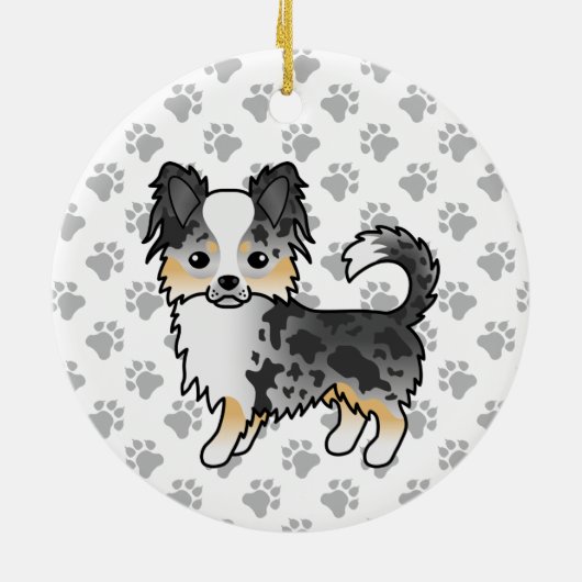 Blue Merle Long Coat Chihuahua Cartoon Dog & Paws Keramisch Ornament (Achterkant)