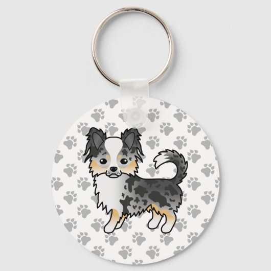 Blue Merle Long Coat Chihuahua Cartoon Dog & Paws Sleutelhanger (Voorkant)