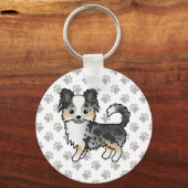 Blue Merle Long Coat Chihuahua Cartoon Dog & Paws Sleutelhanger (Voorkant)