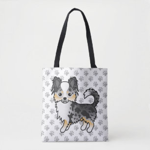 Blue Merle Long Coat Chihuahua Cartoon Dog & Paws Tote Bag