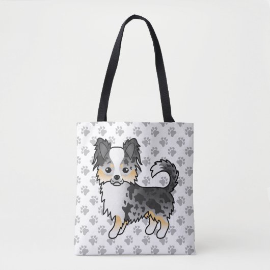 Blue Merle Long Coat Chihuahua Cartoon Dog & Paws Tote Bag (Voorkant)