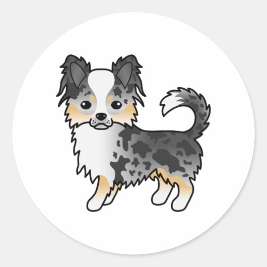 Blue Merle Long Coat Chihuahua Cute Cartoon Dog Ronde Sticker (Voorkant)