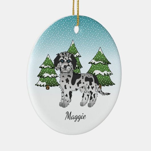 Blue Merle Mini Goldendoedle - Winter Forest Keramisch Ornament (Rechts)