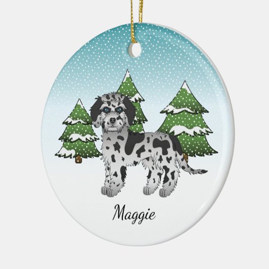 Blue Merle Mini Goldendoedle - Winter Forest Keramisch Ornament (Links)