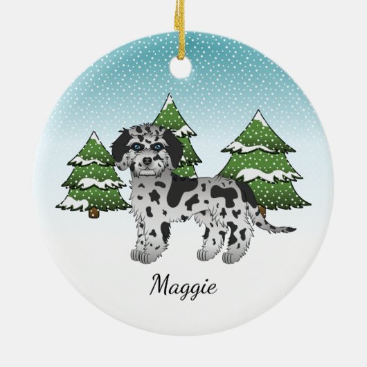 Blue Merle Mini Goldendoedle - Winter Forest Keramisch Ornament (Achterkant)