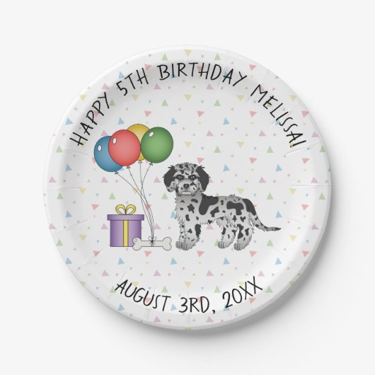 Blue Merle Mini Goldendole Cartoon Dog Birthday Papieren Bordje (Voorkant)