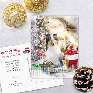 Blue Merle Rough Collie & Kat, Magic Kerstmis - Briefkaart