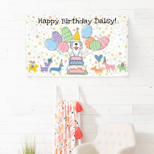 Blue Merle Sheepadoodle Hond Verjaardagsfeestje Spandoek (Insitu)