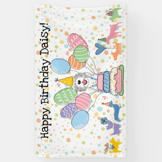 Blue Merle Sheepadoodle Hond Verjaardagsfeestje Spandoek (Verticaal)