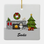 Blue Merle Sheltie Dog in een kerstzaal Keramisch Ornament (Achterkant)