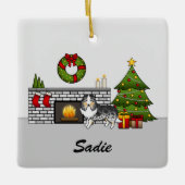 Blue Merle Sheltie Dog in een kerstzaal Keramisch Ornament (Voorkant)