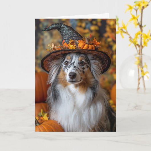 Blue Merle Sheltie Halloween Kaart (Gele Bloem)