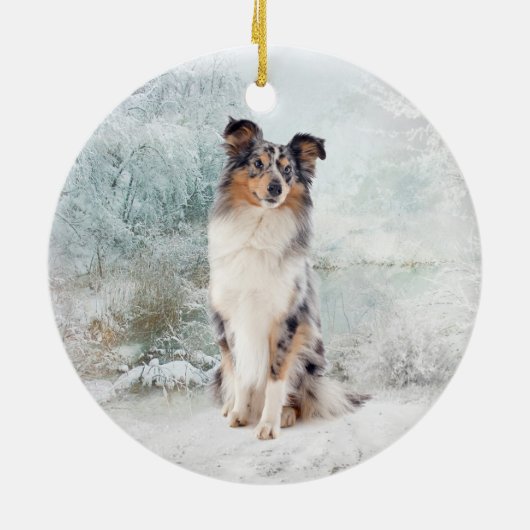 Blue Merle Sheltie met kerstversiering Keramisch Ornament (Achterkant)