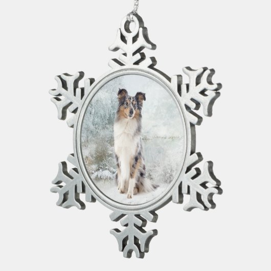 Blue Merle Sheltie met kerstversiering Tin Sneeuwvlok Ornament (Rechts)