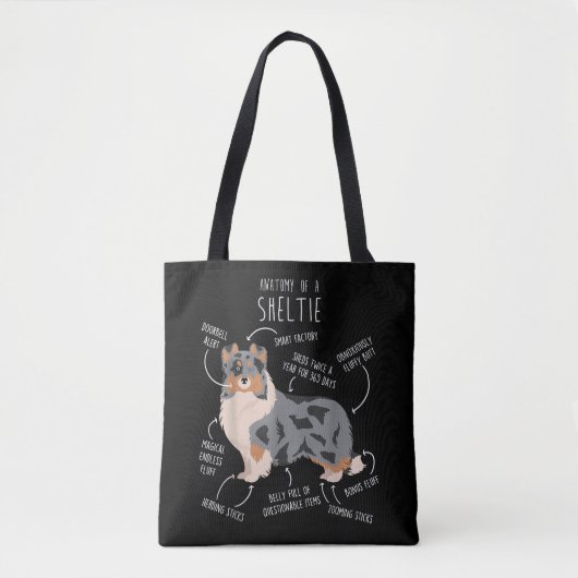 Blue Merle Sheltie Shetland Sheepdog Anatomy, leuk Tote Bag (Voorkant)