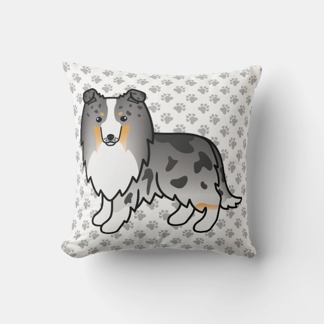 Blue Merle Shetland Sheepdog Cartoon Dog & Paws Kussen (Voorkant)