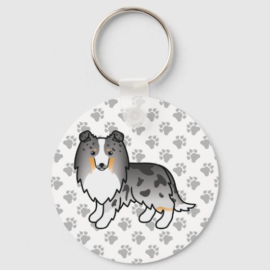 Blue Merle Shetland Sheepdog Cartoon Dog & Paws Sleutelhanger (Voorkant)