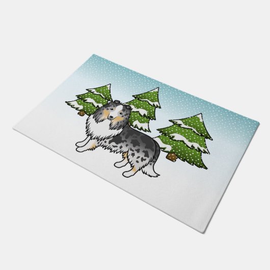 Blue Merle Shetland Sheepdog in a Winter Forest Deurmat (Schuin)