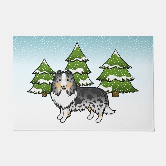 Blue Merle Shetland Sheepdog in a Winter Forest Deurmat (Voorkant)