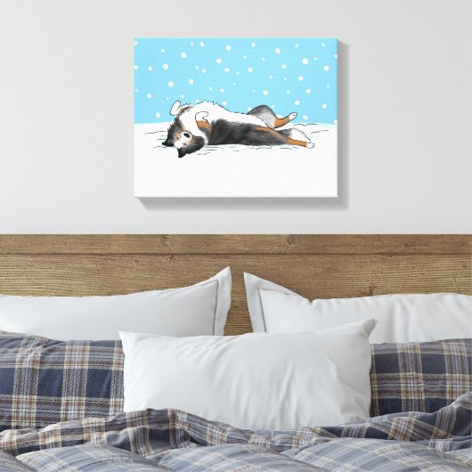 Blue Merle Shetland Sheepdog Sheltie Winter Snow Canvas Afdruk (Insitu (Slaapkamer))