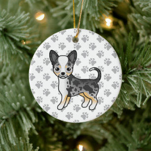 Blue Merle Smooth Coat Chihuahua Cute Dog & Paws Keramisch Ornament