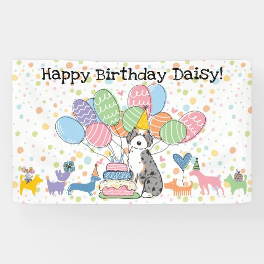 Blue Merle Tan Aussiedoodle Dog Verjaardagsfeestje Spandoek (Horizontaal)