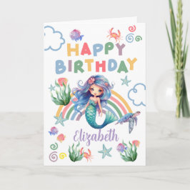 Blue Mermaid Birthday Card in White Kaart