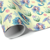Blue Mermaid Birthday Gift Wrap in Yellow Cadeaupapier (Rol Hoek)