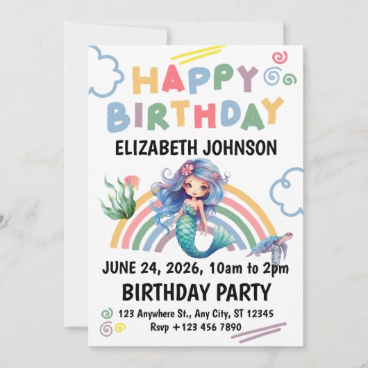 Blue Mermaid Birthday Invitation in White Kaart (Voorkant)