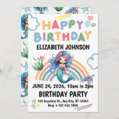 Blue Mermaid Birthday Invitation in White Kaart (Voorkant / Achterkant)