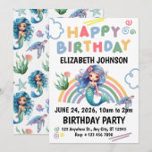Blue Mermaid Birthday Party Invitation in White Kaart (Voorkant / Achterkant)