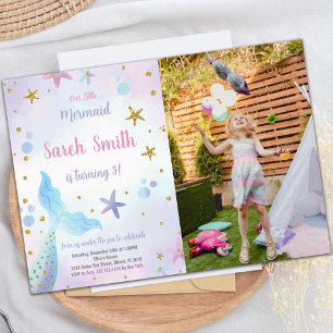 Blue Mermaid Birthday-uitnodigingen met foto Kaart