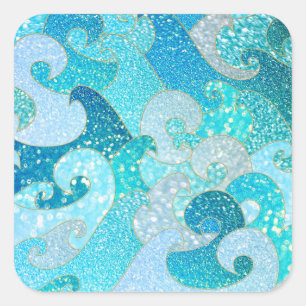 Blue Mermaid Faux Glitter Zee - Blauwgroen gouden  Vierkante Sticker