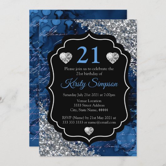 Blue Mermaid Handwriting Letters Silver Glitter Kaart (Voorkant / Achterkant)