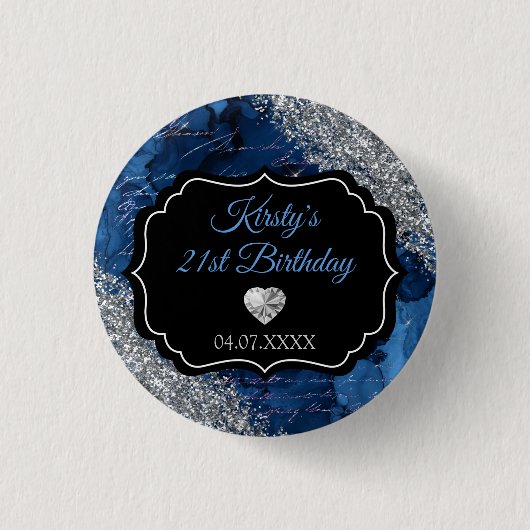 Blue Mermaid Letters Silver Glitter Birthday Ronde Button 3,2 Cm (Voorkant)