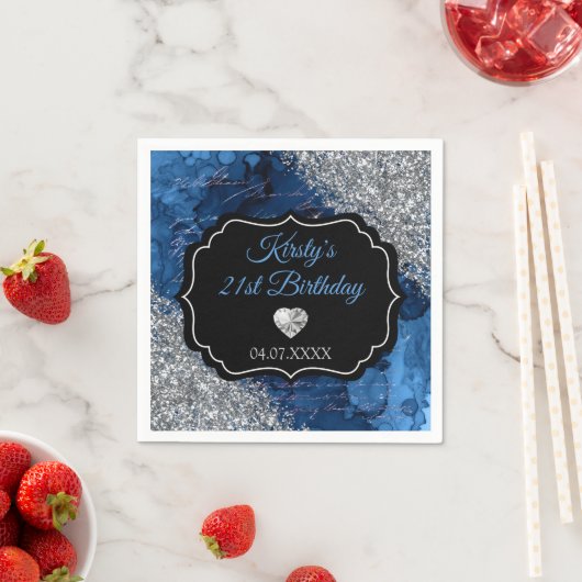 Blue Mermaid Letters Silver Glitter Birthday Servet (Insitu)