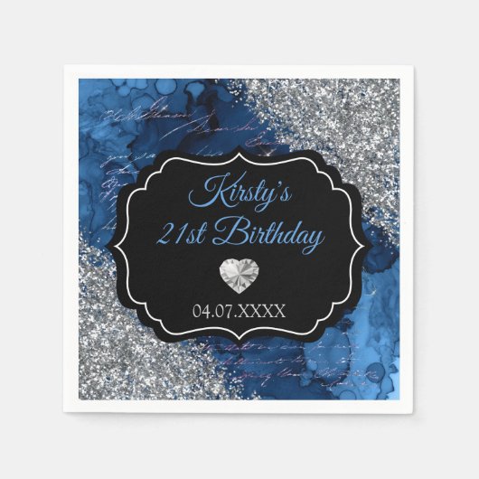 Blue Mermaid Letters Silver Glitter Birthday Servet (Voorkant)