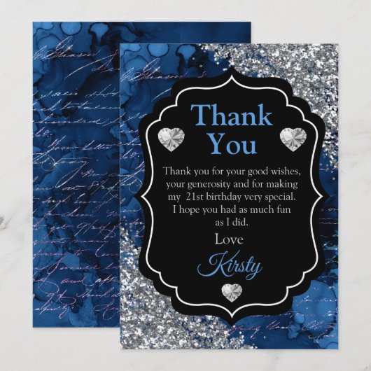 Blue Mermaid Letters Silver Glitter Dank je Bedankkaart (Voorkant / Achterkant)