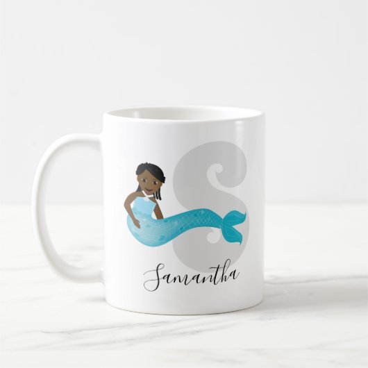 Blue Mermaid Name Monogram Coffee Mok (Links)