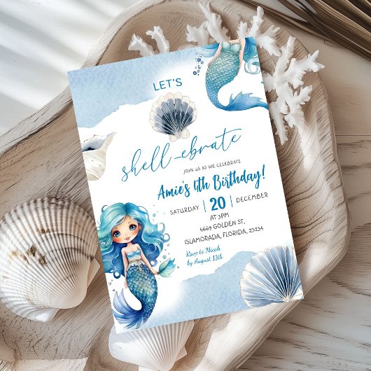 Blue Mermaid Shellebrate Summer Coastal Birthday Kaart