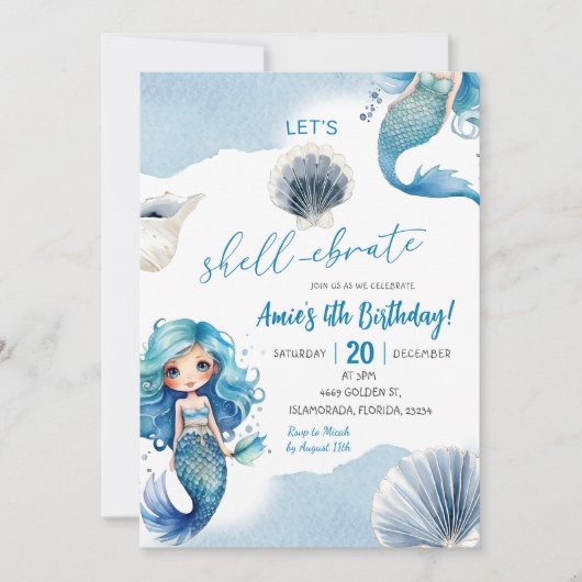 Blue Mermaid Shellebrate Summer Coastal Birthday Kaart (Voorkant)