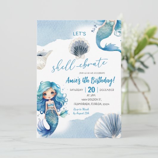 Blue Mermaid Shellebrate Summer Coastal Birthday Kaart (Staand voorkant)
