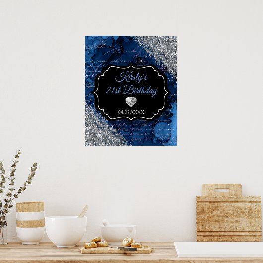 Blue Mermaid Silver Glitter Birthday Sign Poster (Keuken)