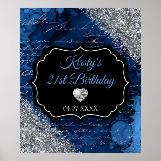 Blue Mermaid Silver Glitter Birthday Sign Poster (Voorkant)