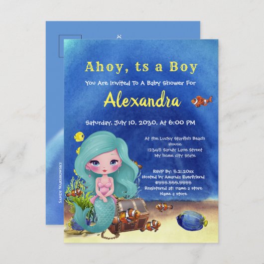 Blue Mermaid under the Zee Boy Baby shower Uitnodiging Briefkaart (Voorkant / Achterkant)