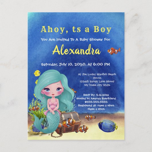 Blue Mermaid under the Zee Boy Baby shower Uitnodiging Briefkaart (Voorkant)