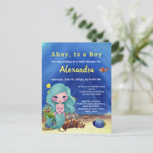 Blue Mermaid under the Zee Boy Baby shower Uitnodiging Briefkaart (Staand voorkant)