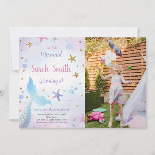 Blue Mermaid verjaardagsuitnodiging met foto Kaart (Voorkant)