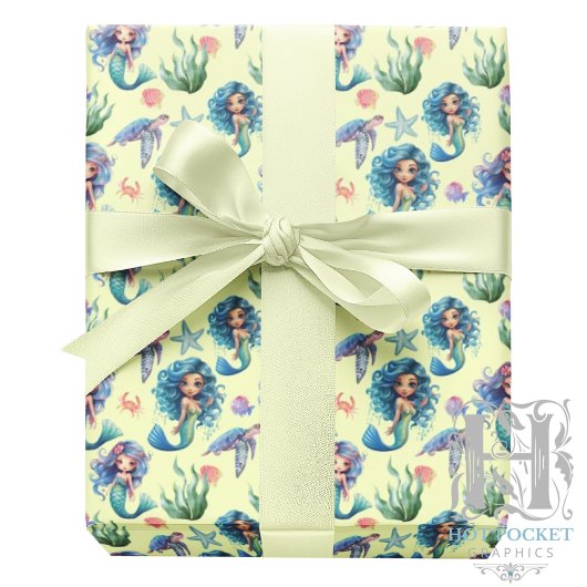 Blue Mermaid Wrapping Paper in Yellow Cadeaupapier